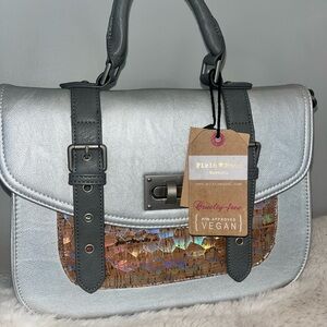 NWT 🆕 Pixie Mood Steph Satchel. Silver metallic Vegan Leather Cork Crossbody 🩶